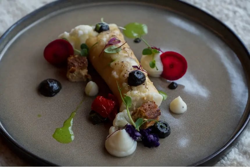 A gourmet dish with cannelloni, microgreens, and colorful garnishes on a dark ceramic plate.