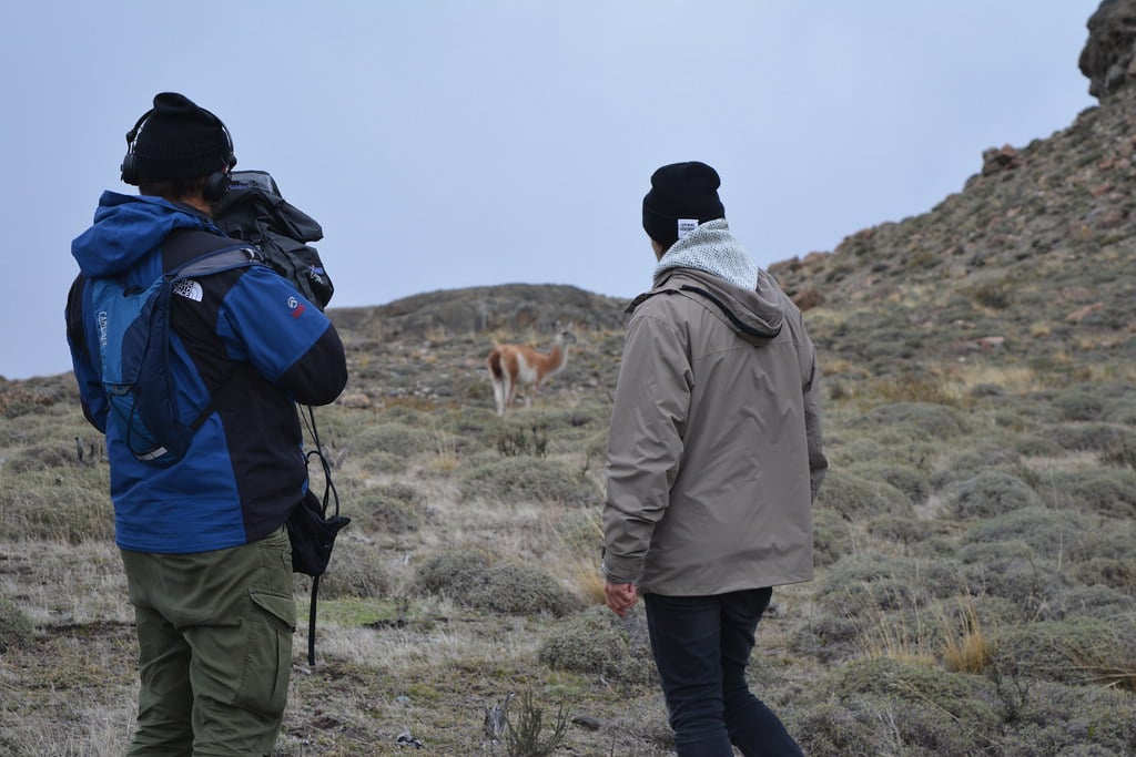 Johnny (camera operator) and Mads (the host) staring at a wild guanaco