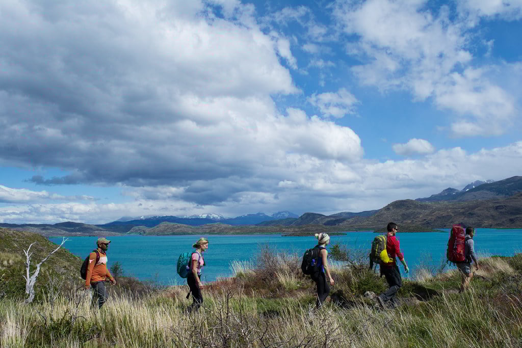 Walking along Pehoe Lake Patagonia