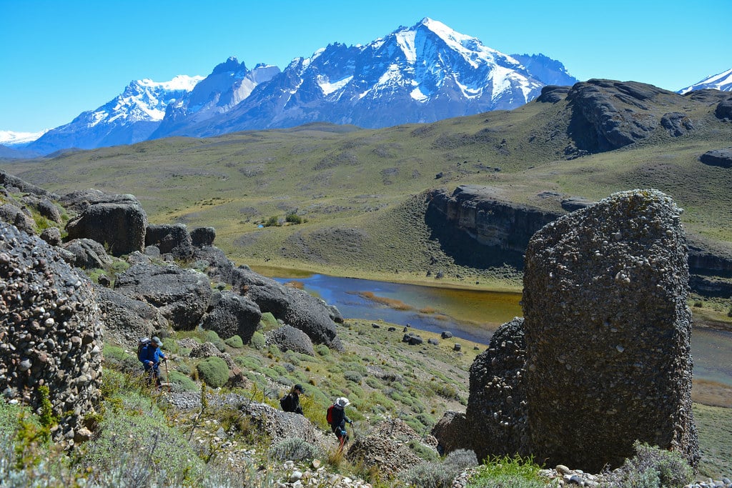 Hiking between rocks and mountains