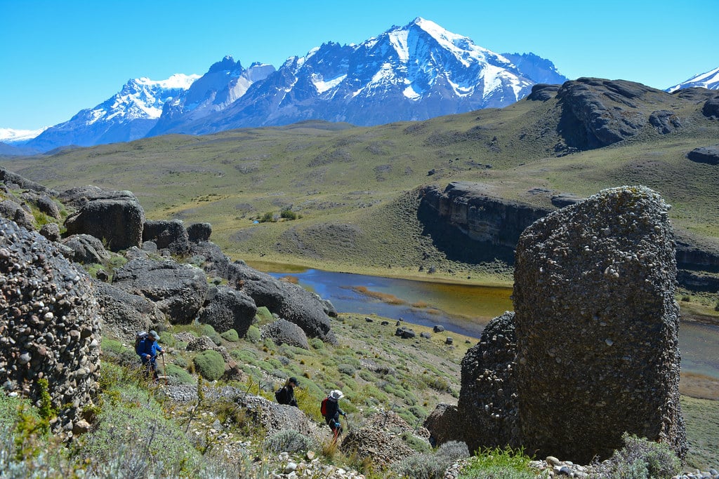 Hiking between rocks and mountains Patagonia