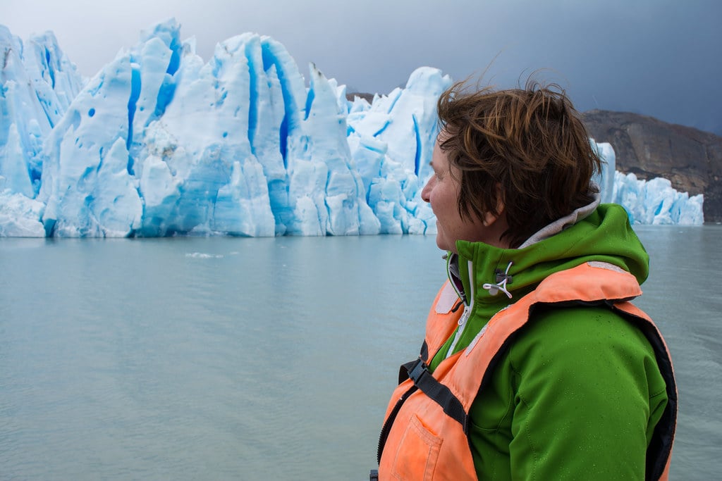 Hilde in front of Grey Glacier Patagonia
