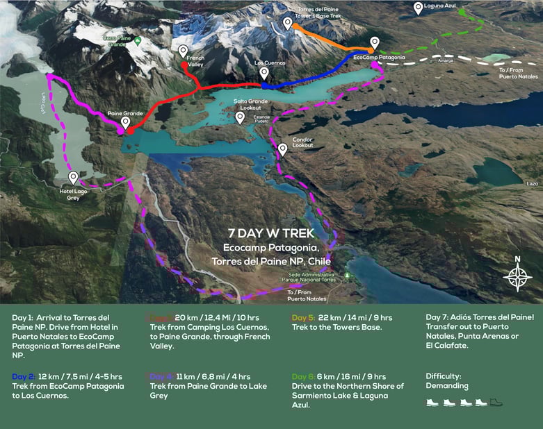 Mapa 7 day W trek