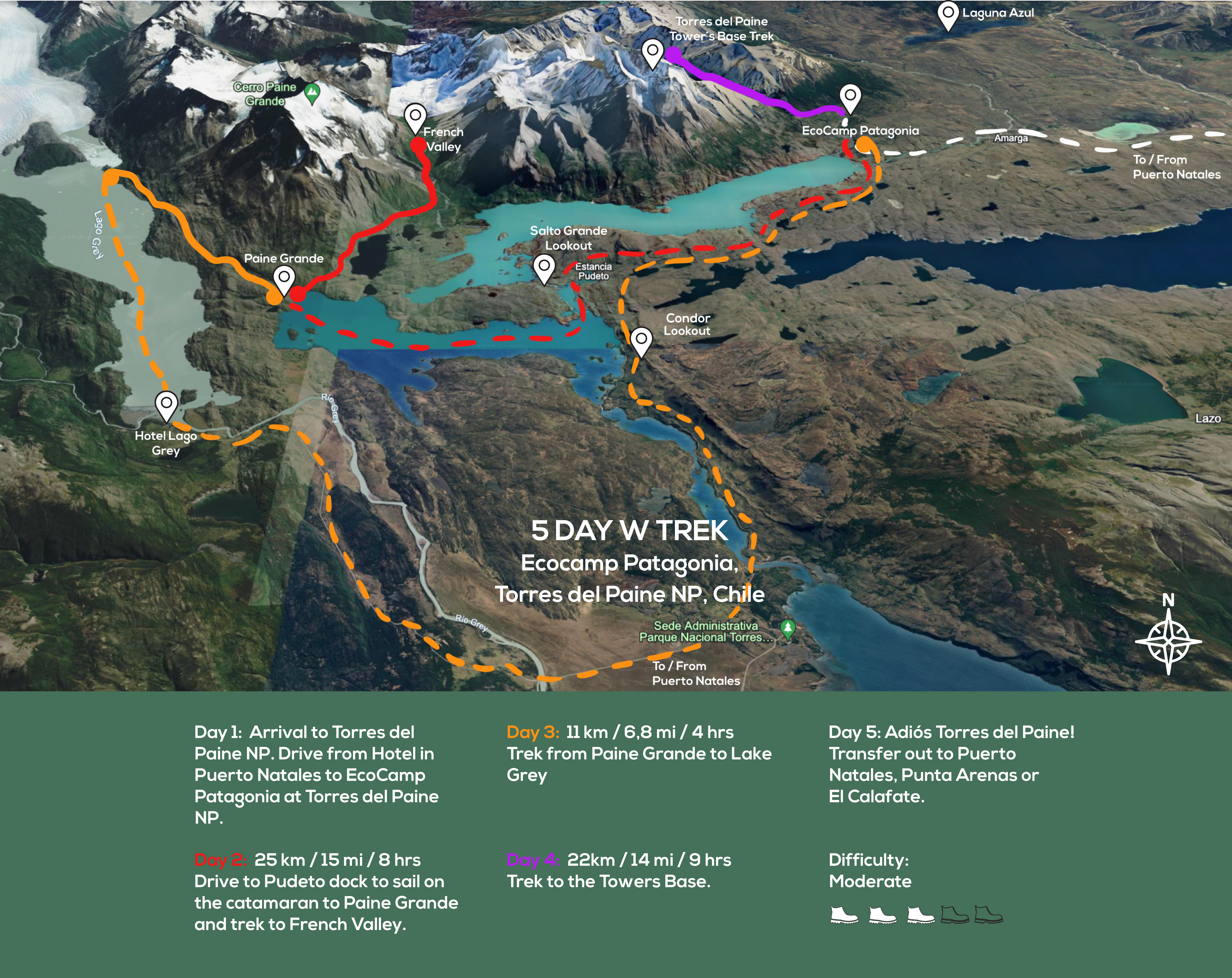 Mapa 5 Day trek(moderate)